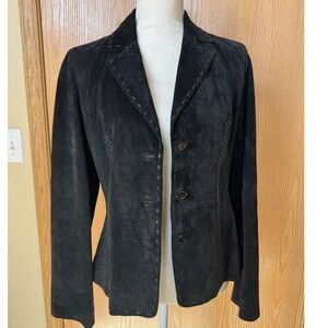 Luisa Spagnoli Black Suede Leather Whipstitch Blazer Jacket Size 46